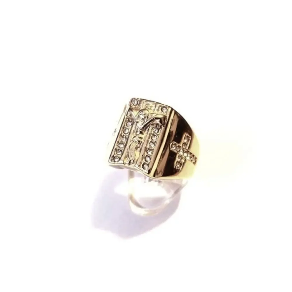 Men’s New gold toned stainless steel jesus‎ cross ring hypoallergenic size 9